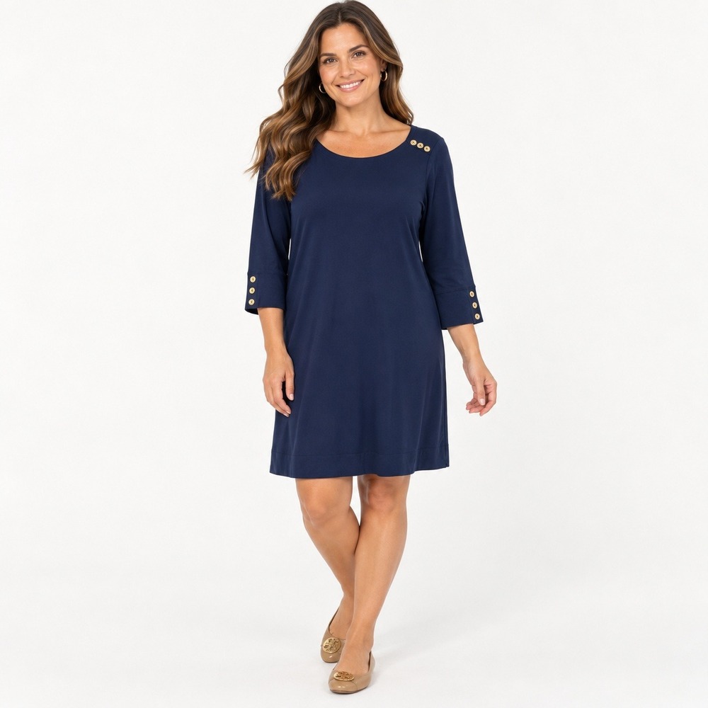 Lilly Pulitzer Womens L Navy Blue Shift Dress Gold Button Preppy Office Stretch